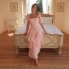 Women Fashion Backless Puff Sleeve Square Neck Long Solid Cake Dress