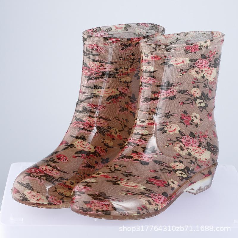 

Water shoes medium and low tube rain shoes women s short rain boots half tube water boots flower cloth adult plus cotton lint rainproof 36