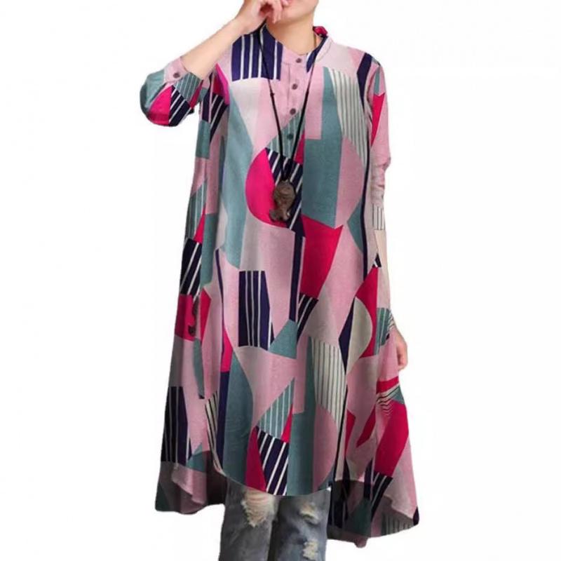 Women S Casual Long Sleeved O-Neck Floral Print Long Loose T-Shirt Top S красный