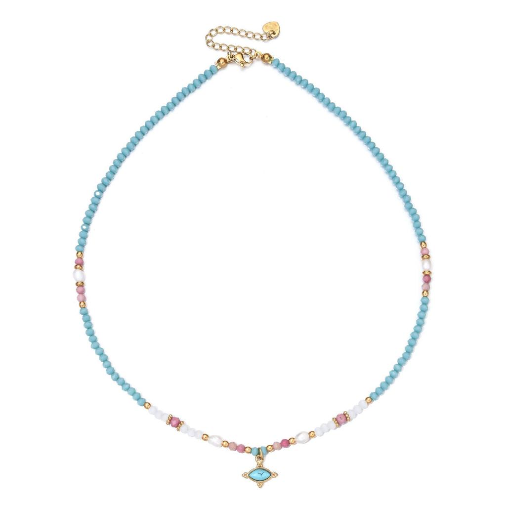 Elegante Süßwasserperlen- und Farbedelstein-Halskette mit Schlüsselbein-Kette aus Edelstahl