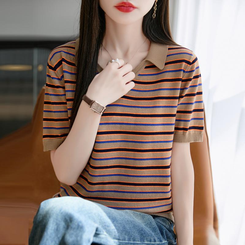 Pure Cotton Stripe V-neck Short-sleeved Women's Summer New Fashionable and Versatile Small Lapel T-shirt Atmospheric Loose and Comfortable Top