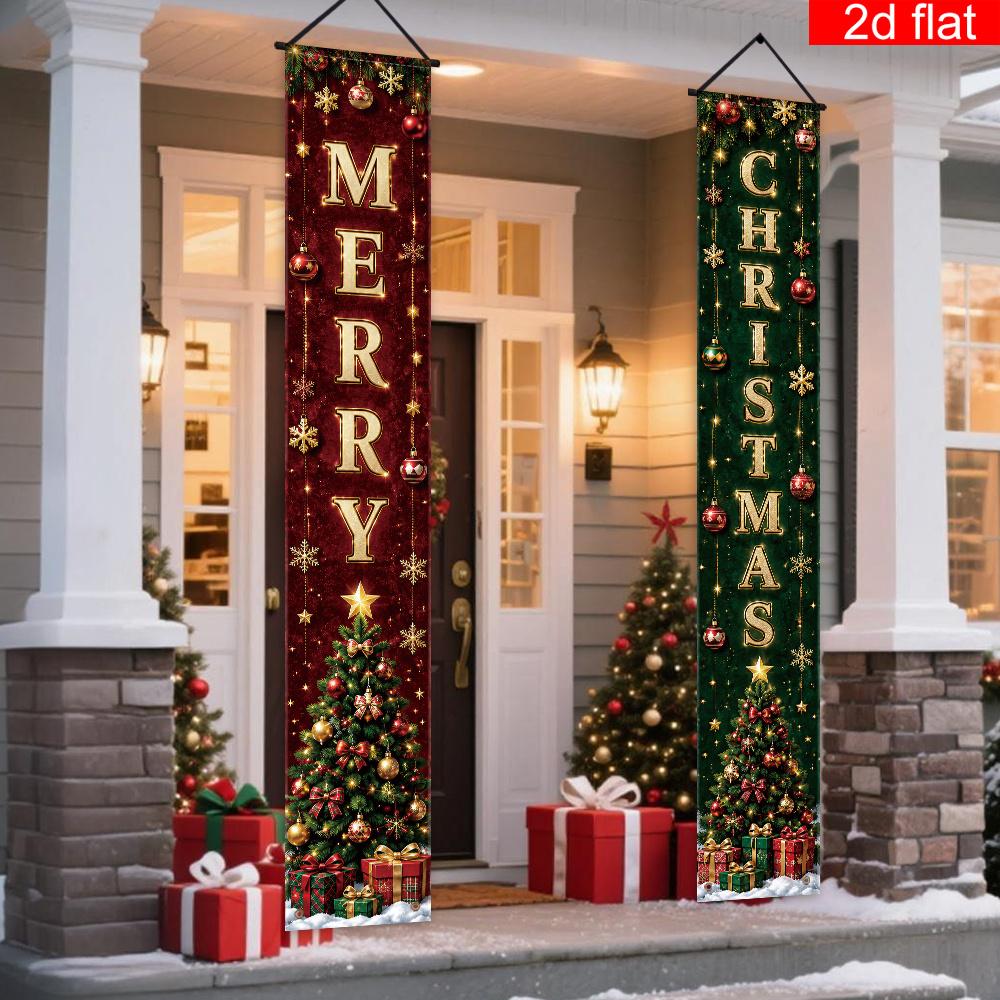 2D Flat, 2D Flat - 2D Flat, 2pcs, Merry Christmas Themed Front Porch Sign Banner, Polyester, Light Luxury Red And Green Christmas Pennant Pattern, Win