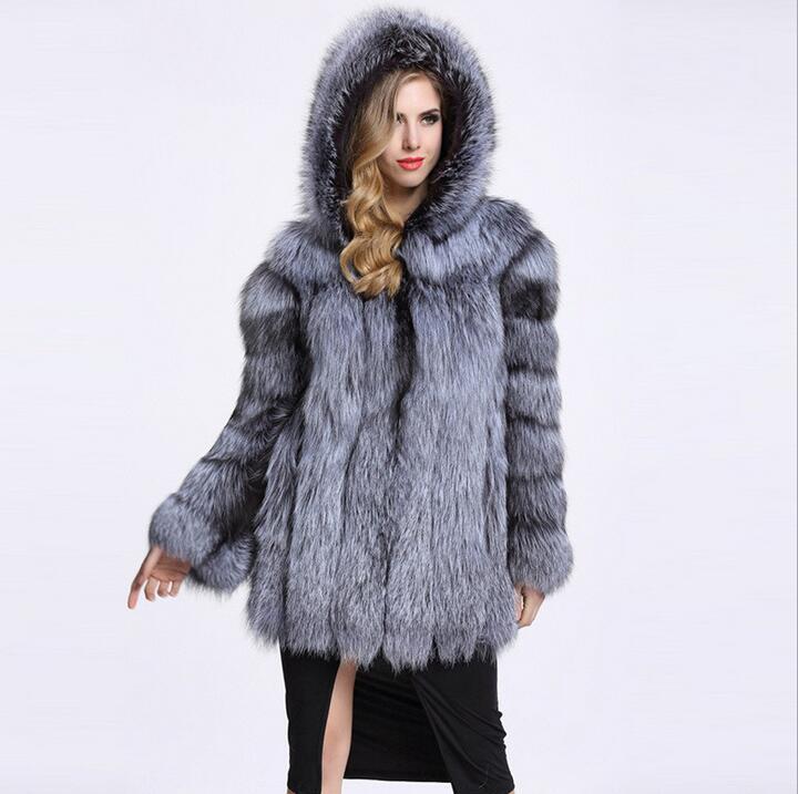 Women's Hooded Faux Fur Coat - Silver Fox Patchwork, High-End Socialite Style, European & American Design.