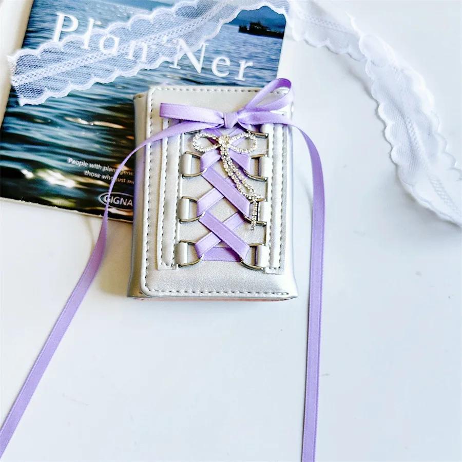 Korean INS Ballet Ribbon Bow Silver PU Card Bag Chic Girls Kpop 3-inch Photocard Holder Women's Coin Purse ID Credit Card Holder