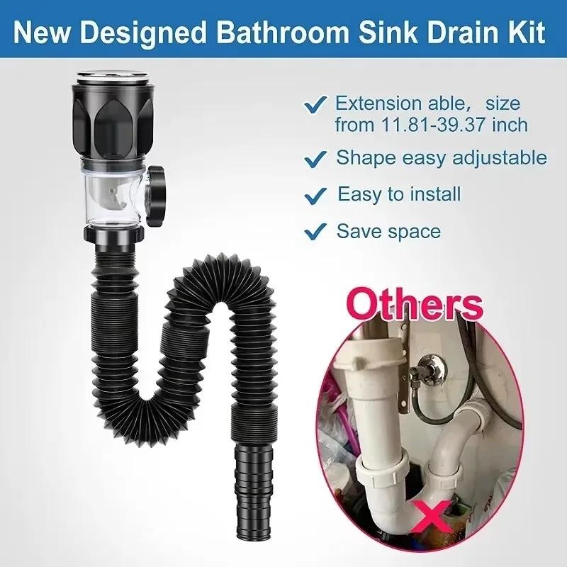Flip Top Anti-Odor Drain Pipe Set Kitchen Sink Drain Retractable Deodorizing Filter Flexible Downspout Bathroom Anti Clogging