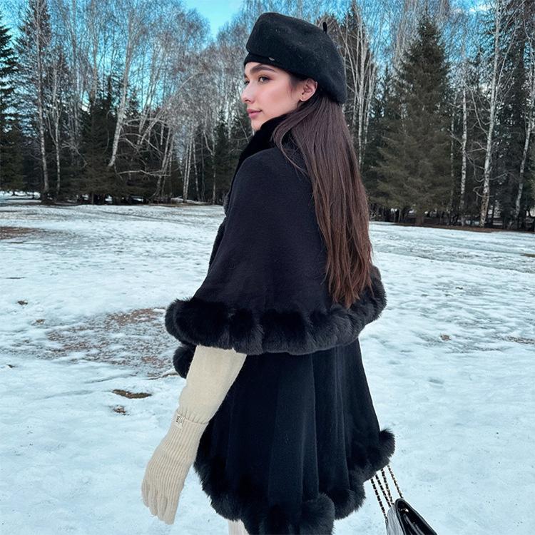 Women Double‑Layer Faux Fur Trim Poncho Shawl Winter Warm Open Front Cape Outerwear