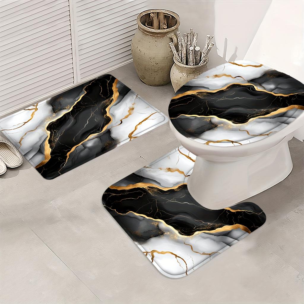 4Pcs UAXIEP Marble Art Shower Curtain Set with Non-Slip Bath Mat, Toilet Lid Cover, Contour Rug & 12 Hooks, Bathroom Decor