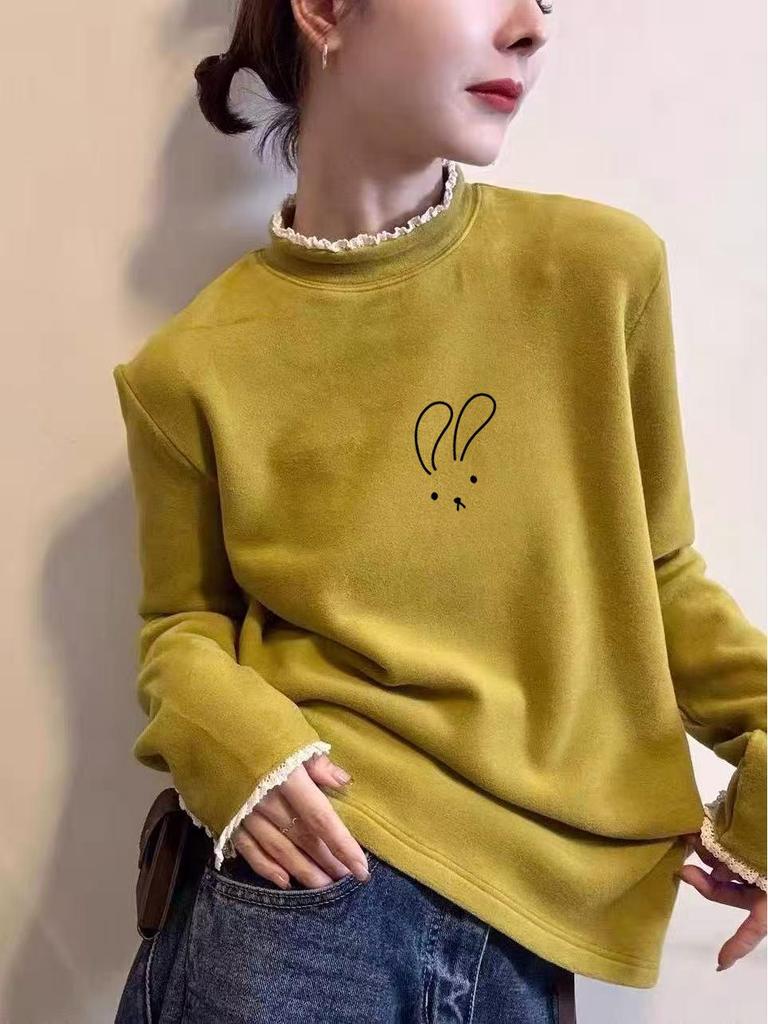 Women's 2025 Autumn/Winter Lace Collar Plus Velvet Turtleneck Long Sleeve T-Shirt