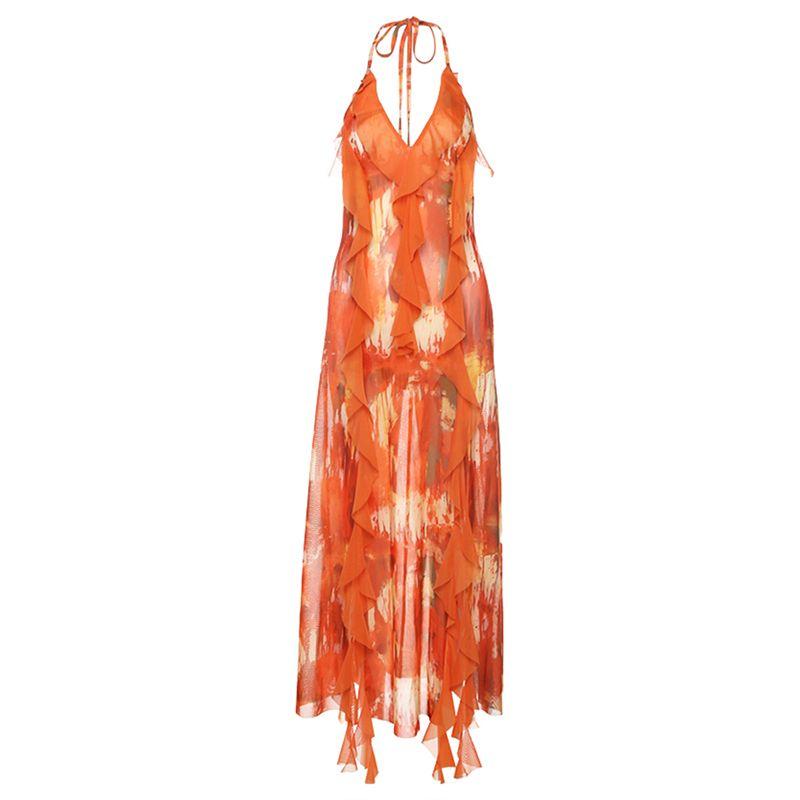 

# Sisjuly# South French Holiday Seaside Holiday Style Warm and Elegant Frill Sling Dress Women Tide Orange S