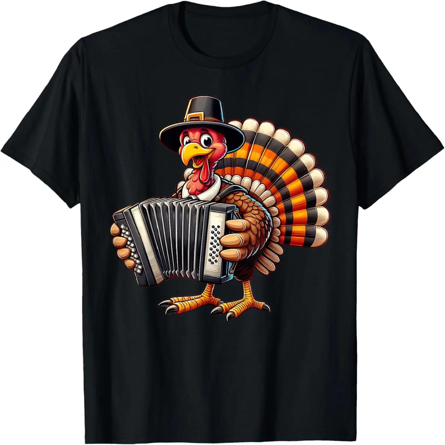 Funny Thanksgiving Turkey with Pilgrim Hat Playing Accordion T-Shirt S