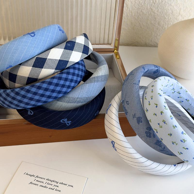 Blue Checkered Bow Sponge Hairband for Girls High Headband with High Head Top New Wide Edge Headband