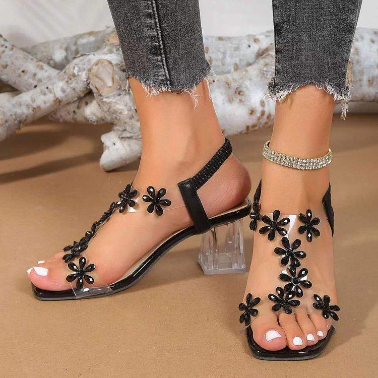 

Модные женские босоножки большого размера, весна-лето 2025, новые квадратные босоножки со стразами, толстый каблук, средний каблук, прозрачные женские туфли на высоком каблуке 43 чёрный