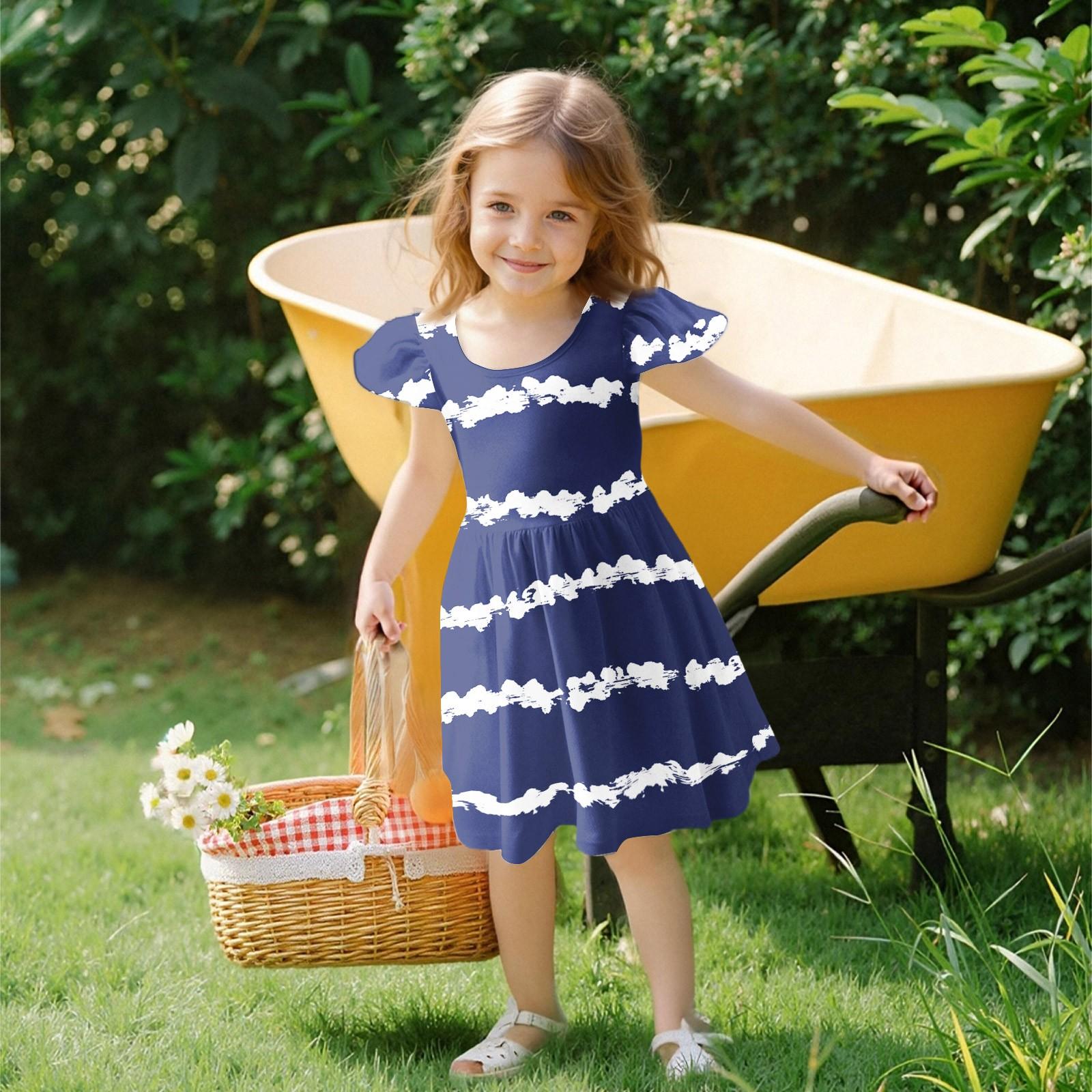 Girls Dress Flutter Sleeve Striped Print Patchwork Dress Kids Summer Casual Skater Dress Soft Fabric Comfortable Fit 160