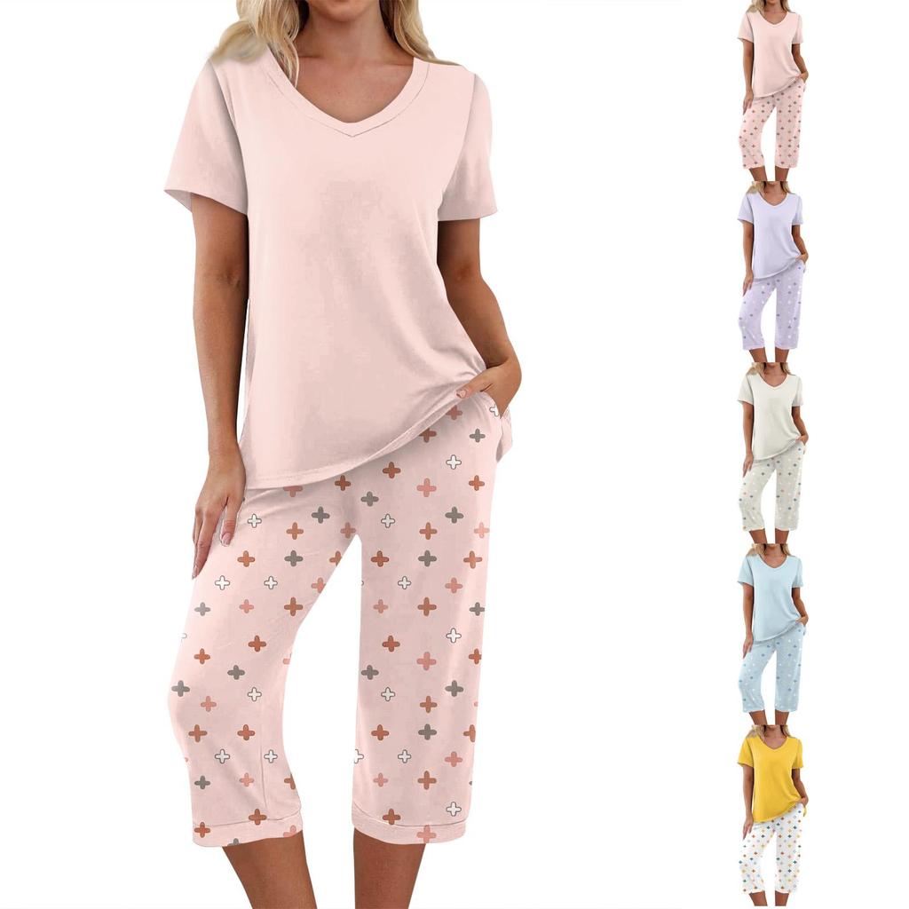 Women's Printed Two Piece Short Sleeve Pajama Set with Pants for Casual Sleepwear