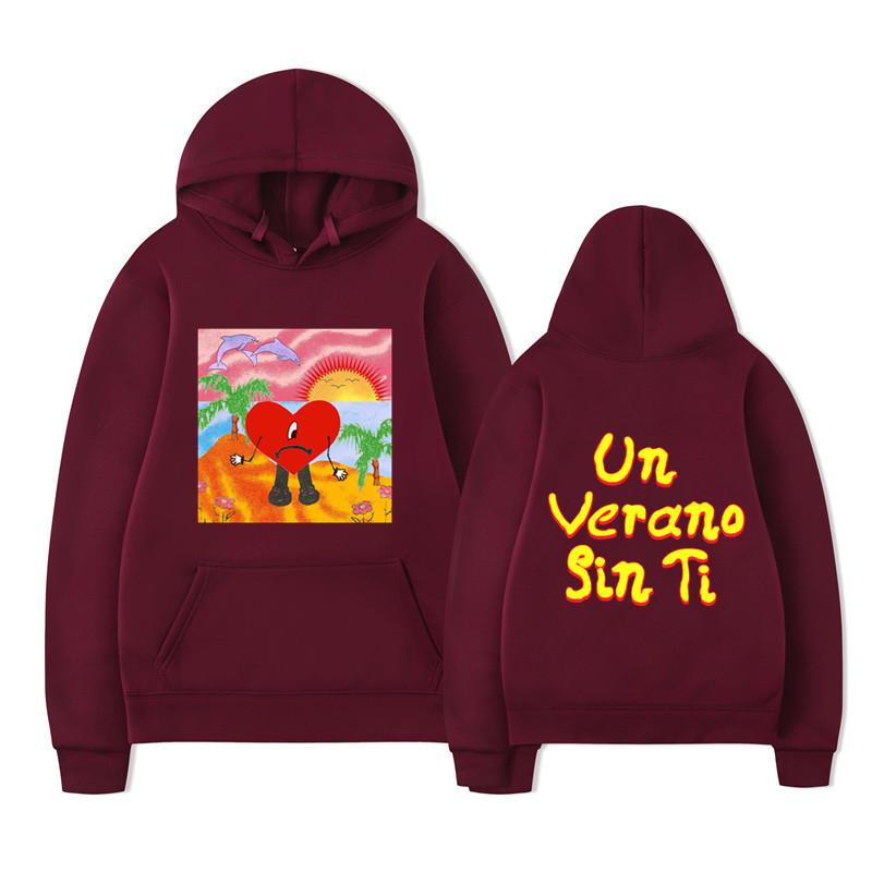 Unisex Black Hoodie Heart Character Tropical Sunset Double Sided Graphic Pullover Sweatshirt Streetwear