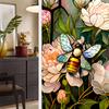 Floral Bee Static Window Stickers Non-adhesive Removable Sun Blocking Stained Glass Privacy Window Film