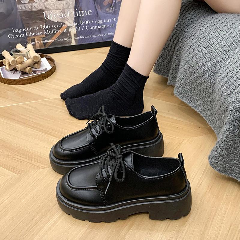 Thick-soled Retro British Style Small Leather Shoes for Women's 2025 Spring New Round Head Tide Matching Skirt Black Lace-up Single Shoes