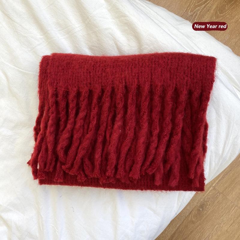 New Christmas red scarf female winter couple thickened imitation cashmere solid color knitted fringed scarf male trend