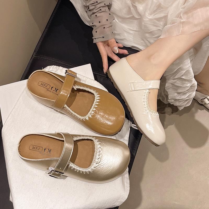 Rhinestone women's woven ballet shoes 2025 new round head Mary Jane rivet soft leather hollow flat-bottomed dance shoes