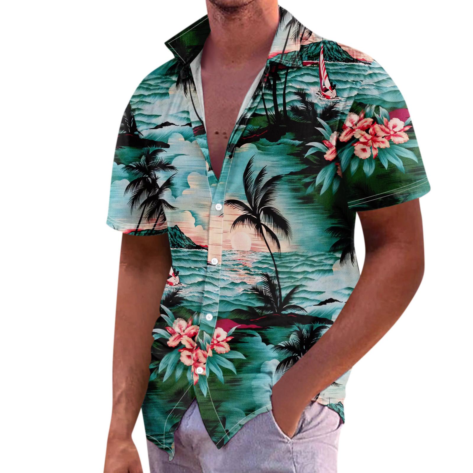 Men s Hawaiian Floral Short Sleeve Shirt Casual Button-Down Beachwear with Tropical Print L