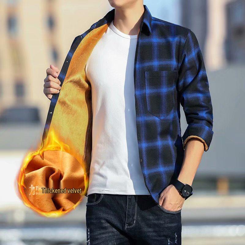Men's Plush Thickened Long-Sleeve Plaid Shirt - Korean Winter Style