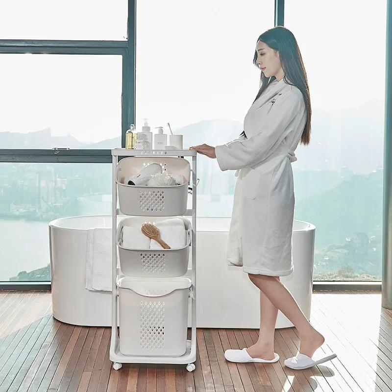 2/3 Layers Bathroom Dirty Clothes Storage Basket Movable PP Plastic Laundry Basket with Wheels
