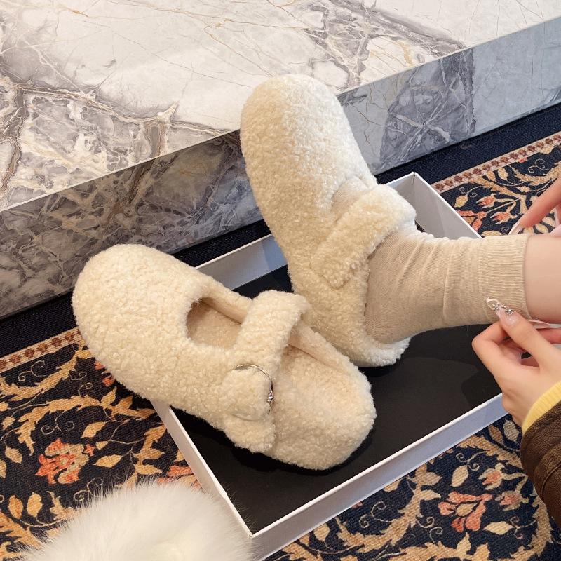 Thick-soled Fluffy Slippers Women's New Autumn and Winter Outer Wear 2025 Direct Supply for One-pedal Small Height-increasing Flat-bottomed Slippers