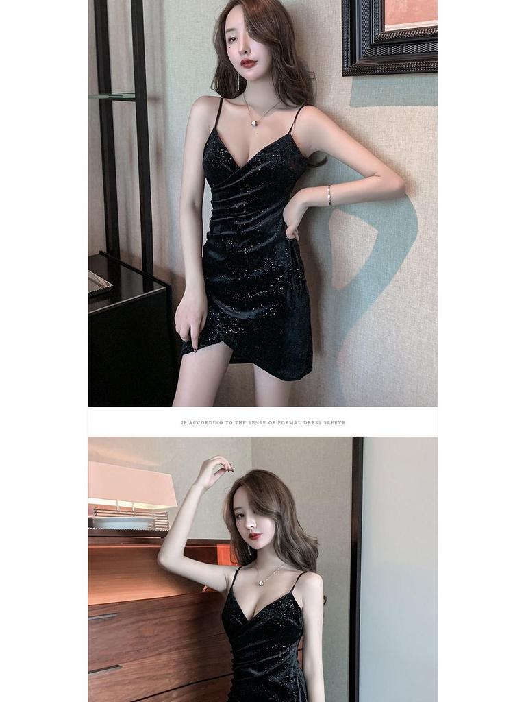 2025 V-neck Pleated Velvet Bodycon Strap Dress for Women
