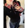 Women's Autumn Plaid Polo Collar Long Sleeve Top, Slim Fit, Embroidered Two-Piece Style