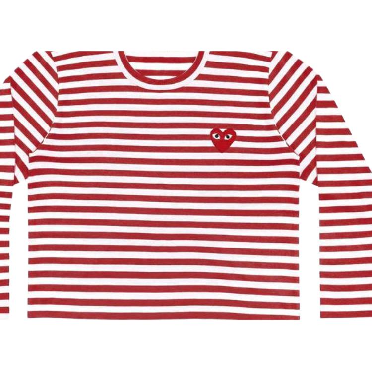 Comme Des Garcons Play Big Red Heart Striped L/S T Shirt AX-T164-051-RED WHITE