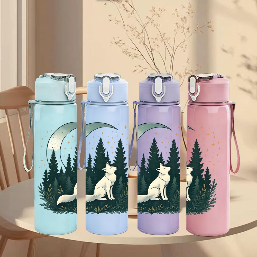 1PC Moon Forest Wolf Silhouette 750ml Color Plastic Sports Water Bottle Leakproof Flip Straw Lid Suitable for Sports Office Home Use