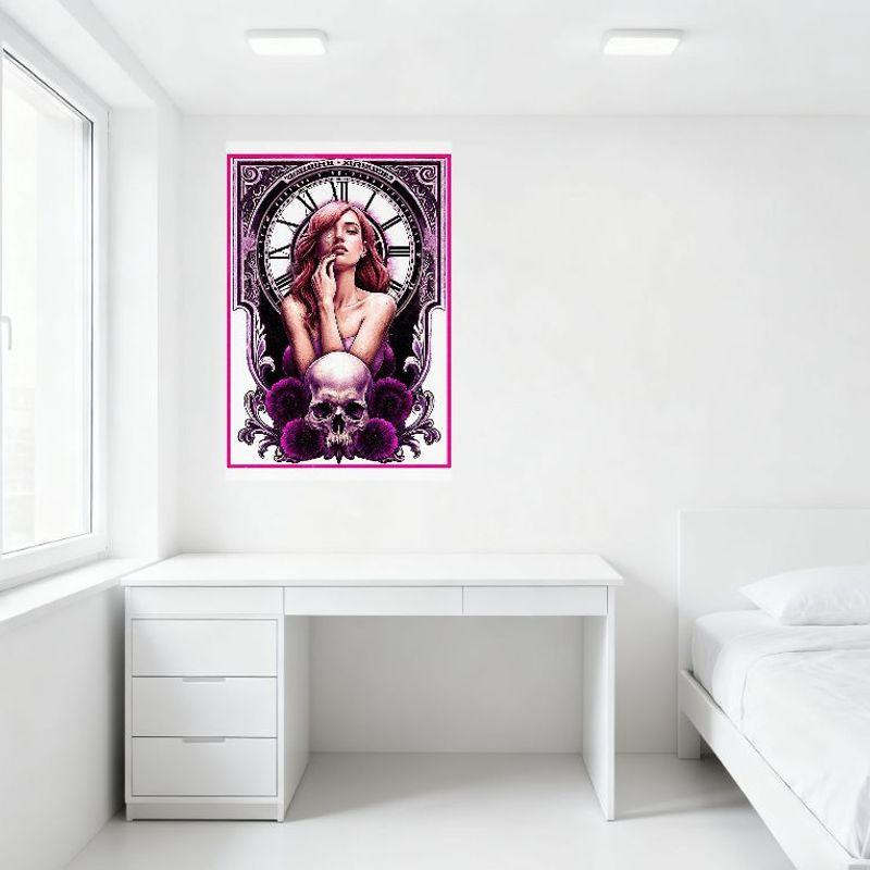 Sexy Woman Pink Hair Surreal Gothic Metal Tin Sign,Ornate Clock Skull Poppy Floral Wall Decor,Stylized Surreal Art for Bar Pub H