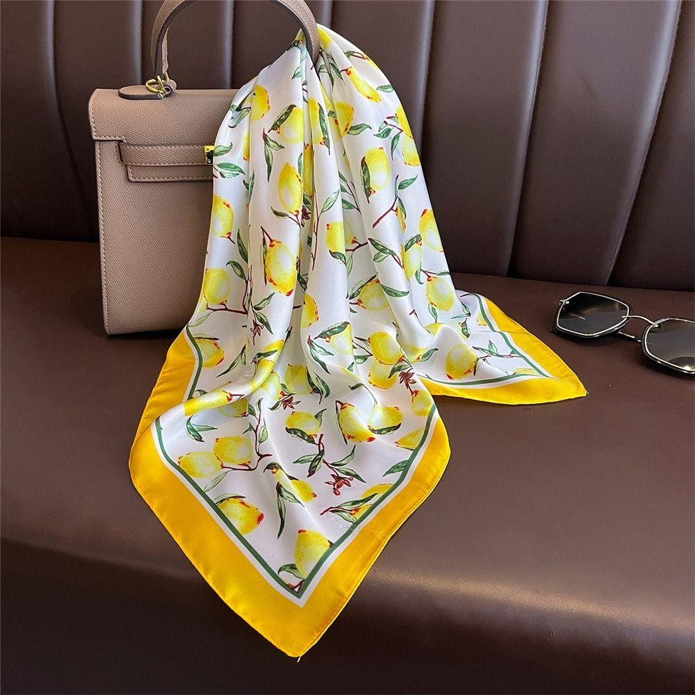 Elegant Yellow Neck Scarf Lemon Print Shawl Breathable Square Silk Scarf  for Women
