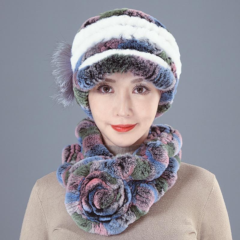 New Rex rabbit hair hat women's autumn and winter ear protection fur woven real hair medium and old thickened versatile scarf set