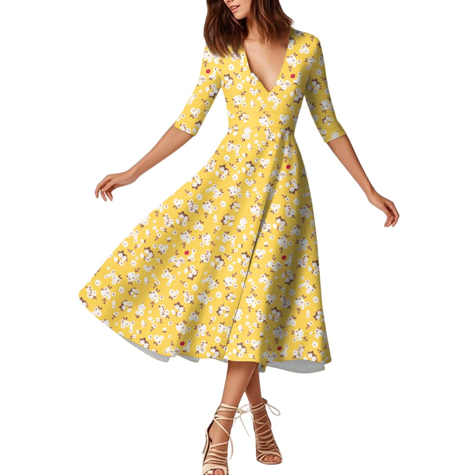 

Модное платье средней длины с рукавами средней длины, цветочным принтом и сексуальным V-образным вырезом XL жёлтый