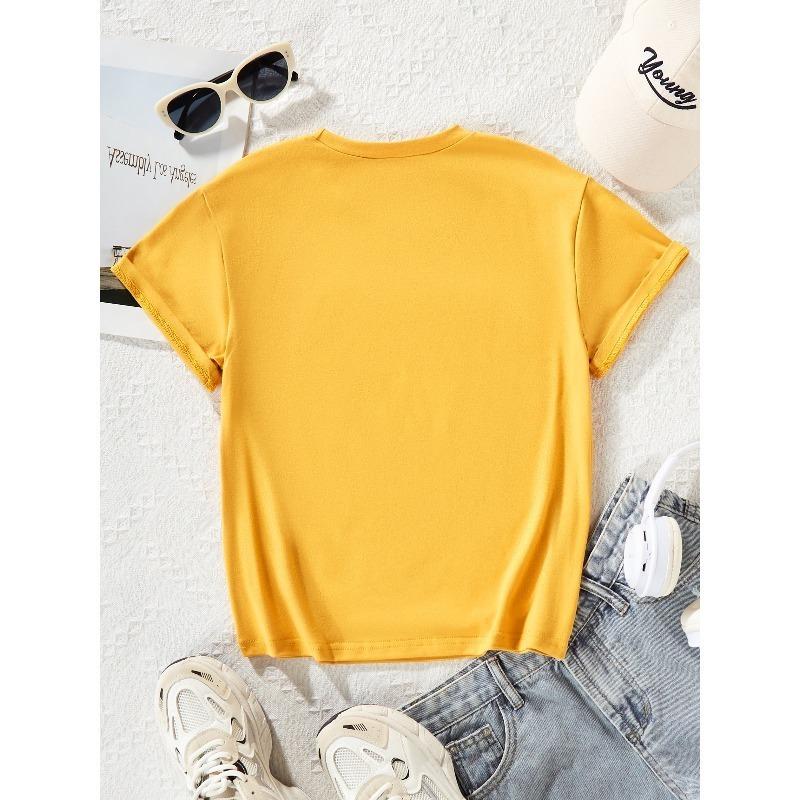 European sizes Girls' Summer Round-Neck T-Shirt with Butterfly Wing & Flower Print - Casual Short Sleeve Blouse for