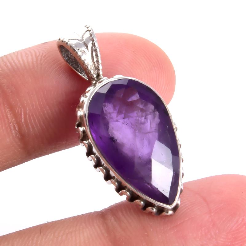 Natural African Amethyst Gemstone 925 Solid Sterling Silver Pendant 1.2'' V1h04
