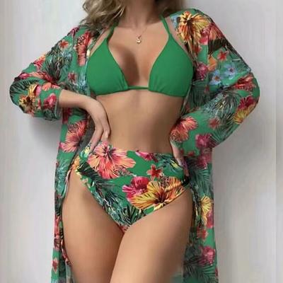 Summer Bikini Set Women High Waist Swimsuit Long Sleeve Cover Up Print Three Pieces Beach Bathing Suit Swimwear