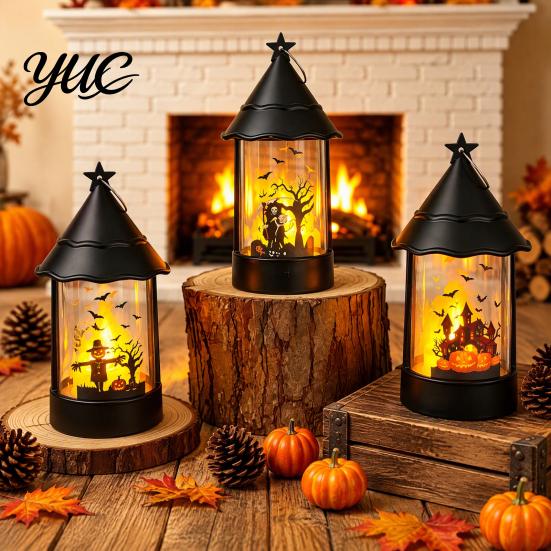 Battery Operated Candle Halloween Witch Hat Lantern, Vintage Spooky Castle Grim Reaper Pumpkin Scarecrow Tabletop Holiday Decor Table Lamp, Flickering