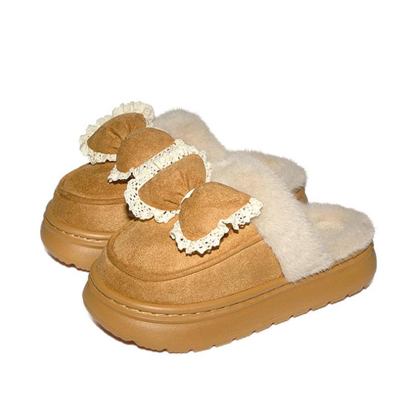 Women's Winter Fluffy Fleece Indoor Sandals Warm Room Fur Bow Slippers for Home Slip On Plush Shoes EVA Lightweight Comfort House Shoes for Bedroom