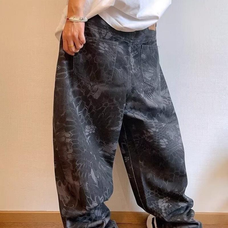 Men's Versatile Retro Snake Print Camo Jeans - Loose, Casual, Wide-Leg