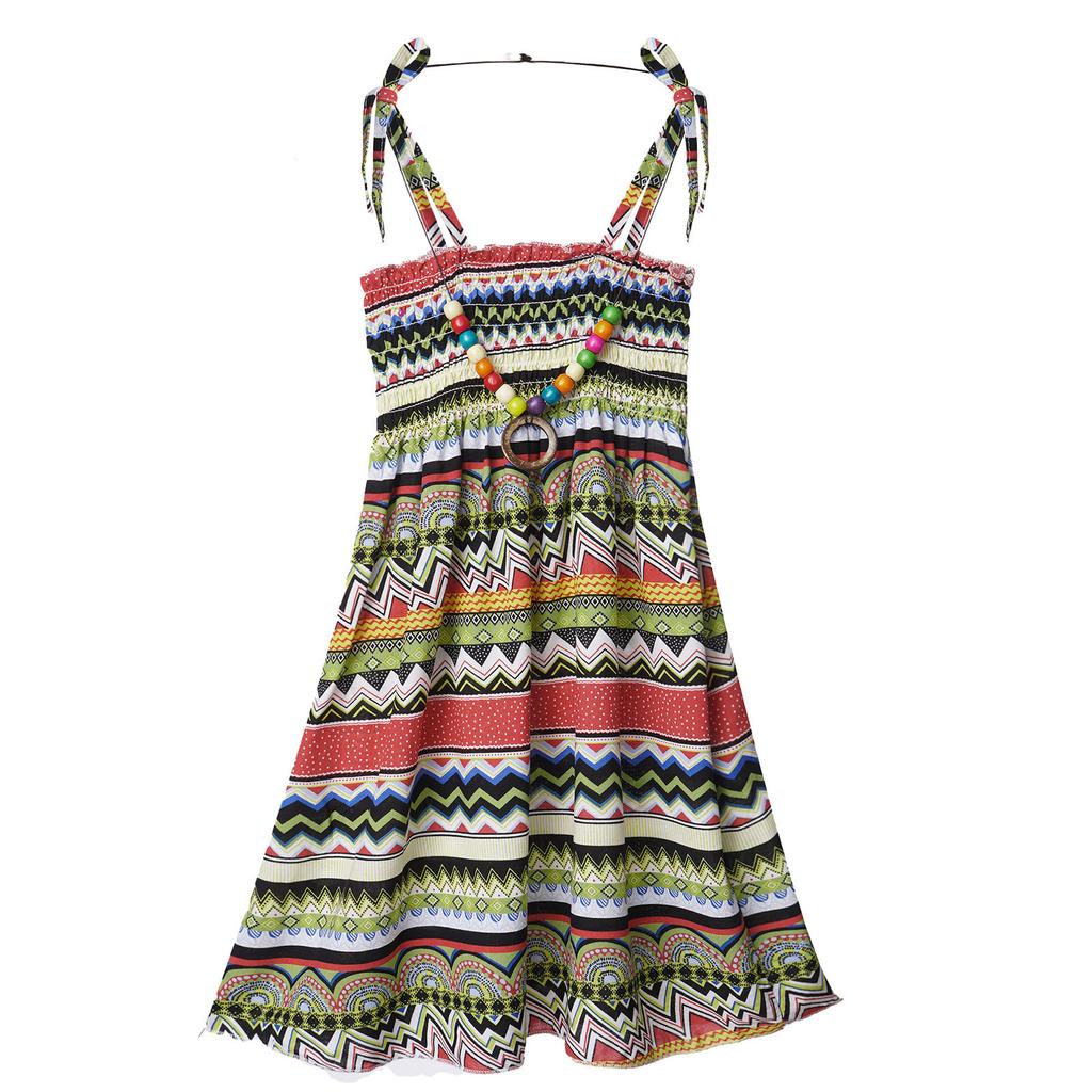 Girls Bohemian Beach Dress Off Shoulder Floral Sleeveless Rainbow Straps Suspender Dress with Necklace Summer Outfit
