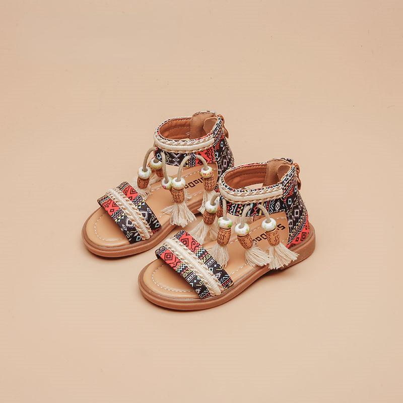 Mädchen-Sandalen im ethnischen Stil, Sommer-Prinzessin-Schuhe, Quaste, weicher Boden, Strandschuhe