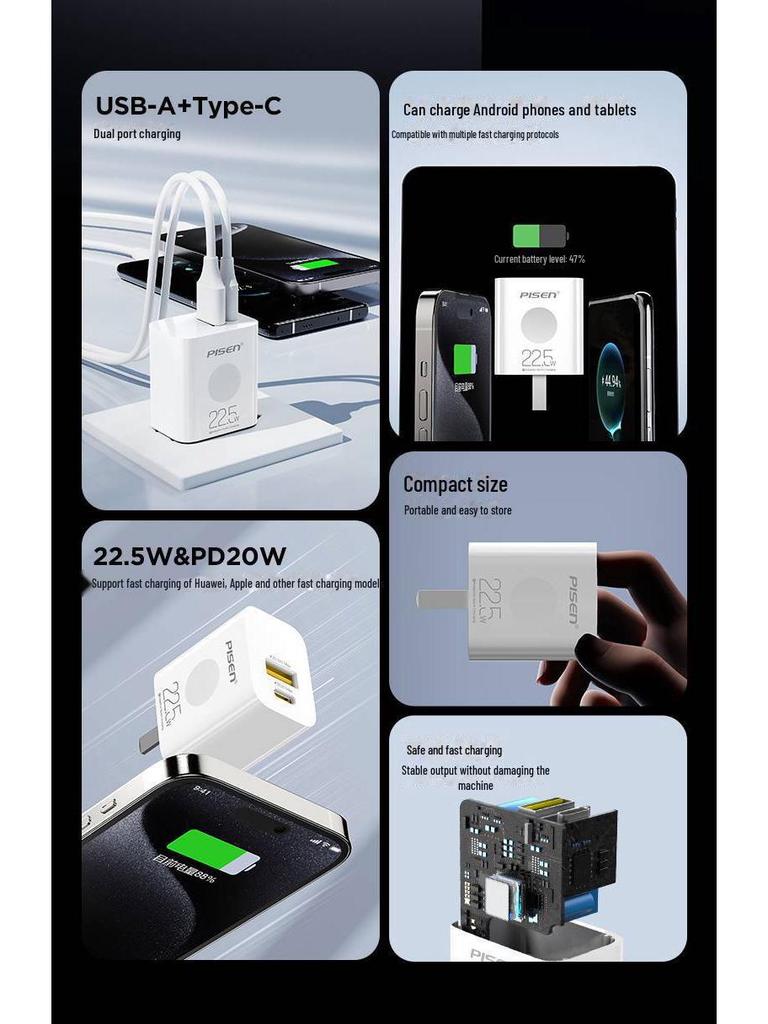 PISEN 20W Dual-Port Charger for Huawei & Apple Phones, PD20W Fast Charge, 3C Certified.