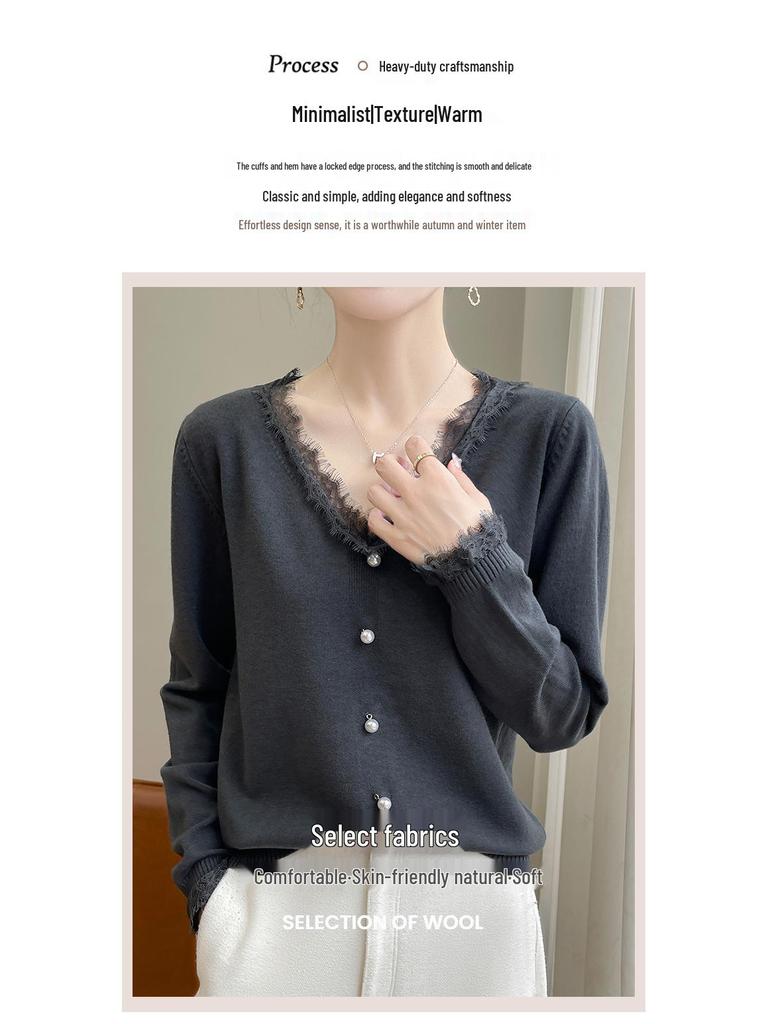 2024 Autumn Women's V-neck Lace Trim Knitted Sweater