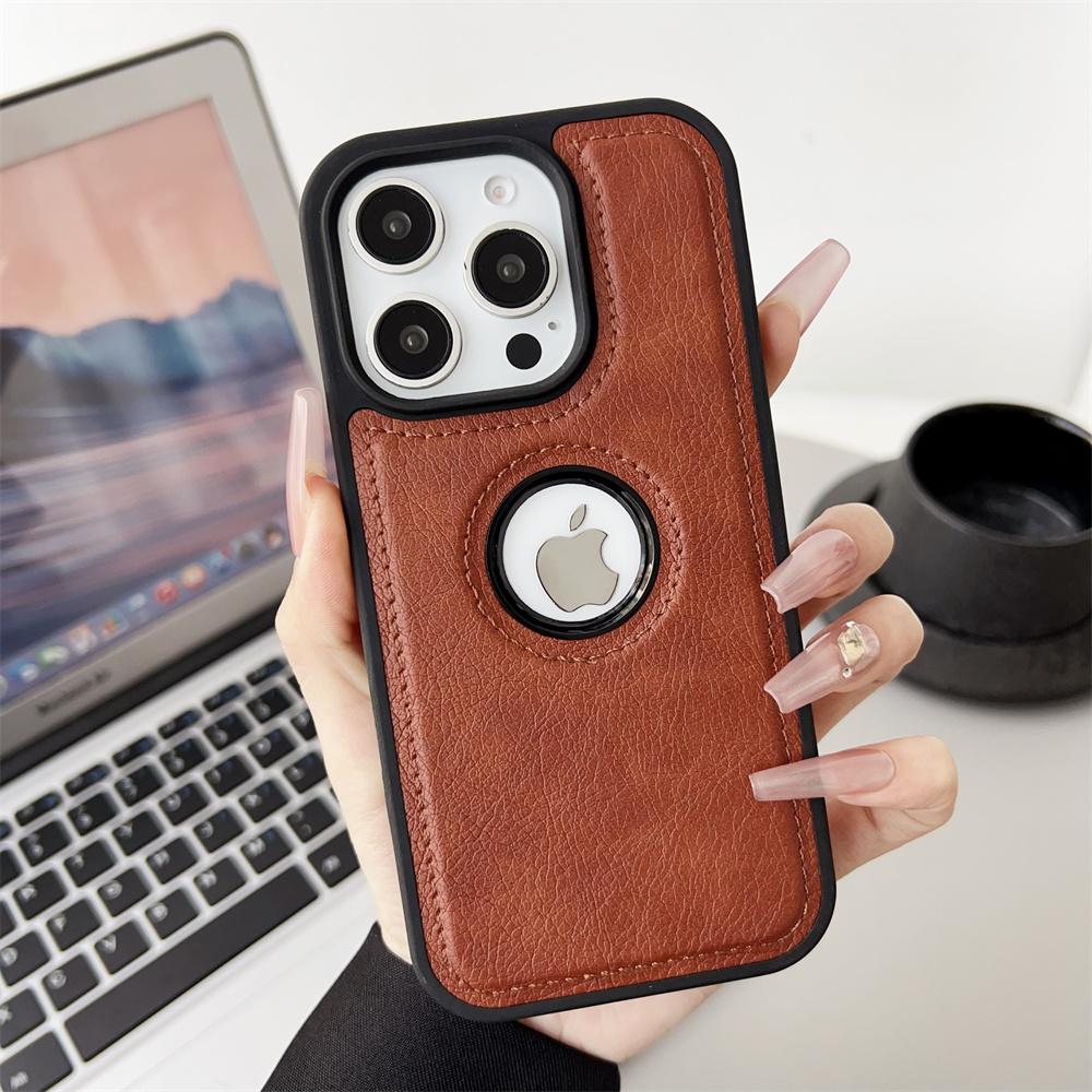 For iPhone 17 Air 11 12 13 14 15 Plus 16 Pro Max Business PU Leather Case Cowhide Logo Hole Shockproof Luxury Protective Cover