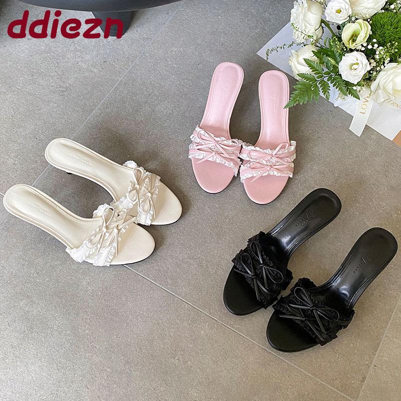 Fashion Fashion Butterfly-Knot Ladies High Heels Slides Sandals Shoes Female Round Toe Footwear Heels Sandals Slip On Shoes For Women