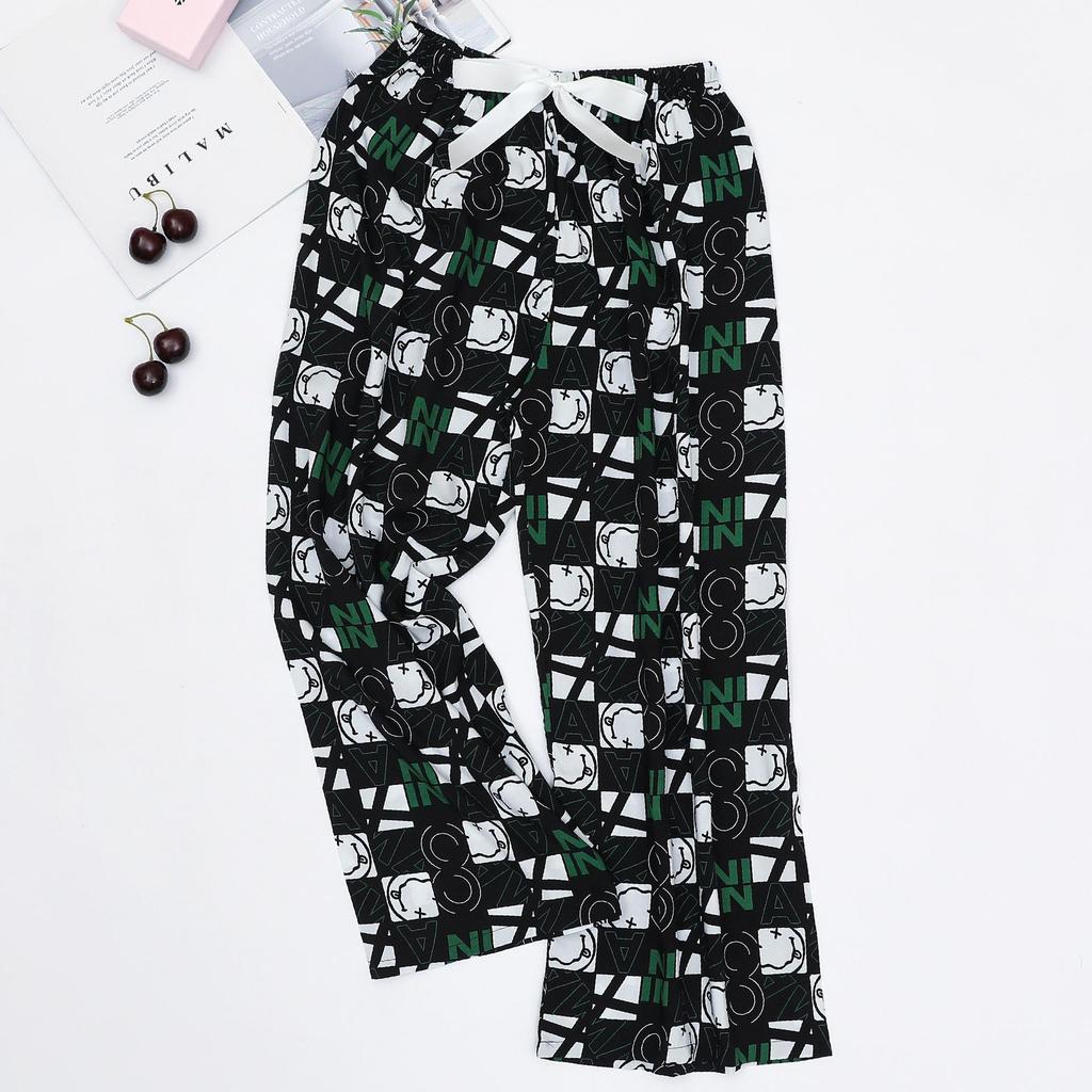 Women's Cotton-Silk Cartoon Pajama Pants, Summer Thin, Black & White Wide-Leg, Plus Size, Outdoor Beach Wear.