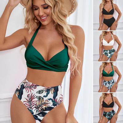 Set bikini sexy da donna 2 pezzi/set reggiseno tinta unita con stampa foglie a vita alta
