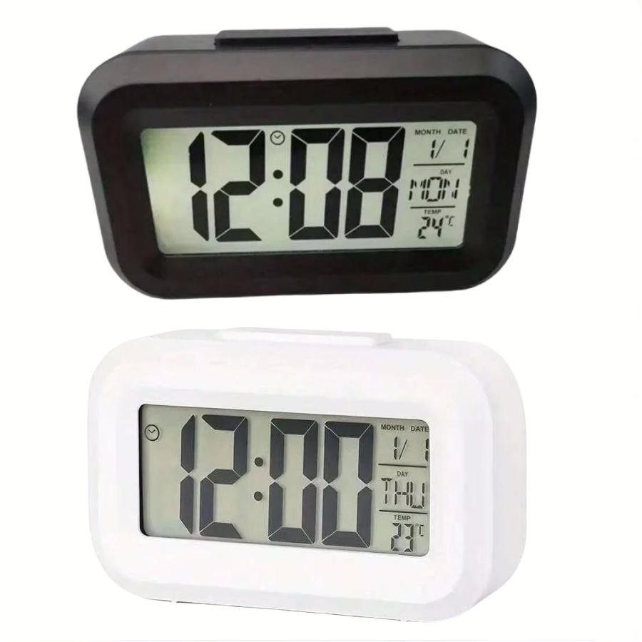 Smart Digital Alarm Clock Black White LCD Display with Temperature Calendar Timer Led Light for Bedroom Office (Without Battery)